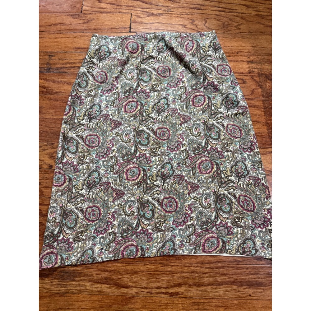 Charter Club 100% Silk Paisley Midi Skirt Mauve Teal Tan Size 12 Lined A-Line
